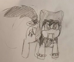 Size: 2430x2045 | Tagged: safe, artist:jimm, imported from derpibooru, oc, oc:lightning dee, pegasus, pony, bow, choker, clothes, fangs, female, folded wings, hoodie, long fangs, mare, sketch, solo, spiked choker, spiked wristband, traditional art, wings, wristband