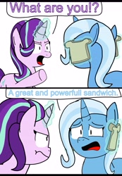 Size: 3508x5083 | Tagged: safe, artist:sketchyboi25, imported from derpibooru, starlight glimmer, trixie, pony, unicorn, angry, food, frown, funny, gordon ramsay, idiot sandwich, magic, meme, sandwich, speech bubble, unamused