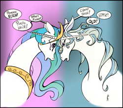 Size: 888x780 | Tagged: safe, artist:alexspastic, imported from derpibooru, princess celestia, alicorn, pony, unicorn, amalthea, angry, argument, colored, gradient background, the last unicorn, vulgar