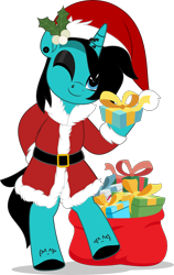 Size: 3163x5000 | Tagged: safe, artist:jhayarr23, imported from derpibooru, pony, unicorn, as it is, bipedal, christmas, clothes, commission, costume, dyed mane, dyed tail, ear piercing, eyeshadow, gauges, hat, holiday, holly, hoof hold, hoof polish, horn, horn piercing, looking at you, makeup, male, nose piercing, one eye closed, patty walters, piercing, ponified, present, sack, santa costume, santa hat, simple background, smiling, stallion, tail, tattoo, transparent background, wink, ych result