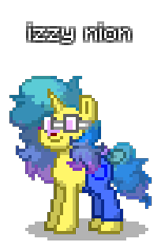 Size: 204x316 | Tagged: safe, artist:dematrix, imported from derpibooru, izzy moonbow, pony, unicorn, pony town, crossover, despicable me, disney, female, g5, mare, minion, pixel art, simple background, solo, transparent background