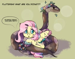 Size: 1900x1500 | Tagged: safe, artist:cluterdrop, artist:exhear, imported from derpibooru, fluttershy, pegasus, pony, snake, cloven hooves, colored wings, colored wingtips, dialogue, duo, eyebrows, eyebrows visible through hair, female, floppy ears, floral head wreath, flower, green background, lying down, mare, multicolored mane, multicolored tail, multicolored wings, offscreen character, prone, simple background, sparkles, speech bubble, tail, unshorn fetlocks, wings
