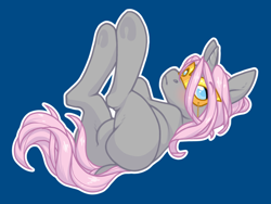 Size: 1280x960 | Tagged: safe, artist:sinclair2013, imported from derpibooru, oc, oc only, earth pony, pony, blue background, blushing, butt, dock, lying down, mask, not fluttershy, on back, plot, pubic mound, simple background, solo, tail