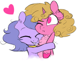 Size: 500x401 | Tagged: safe, artist:lolepopenon, imported from derpibooru, oc, oc only, oc:billie, oc:curly cue, earth pony, pony, unicorn, heart, hug, simple background, white background