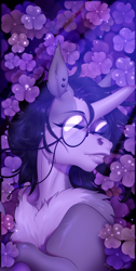 Size: 2283x4525 | Tagged: safe, artist:emalajissda, imported from derpibooru, oc, oc only, oc:shizuka kitsune, fox, chest fluff, clover, detailed background, ear piercing, fangs, female, glasses, horn, piercing, solo