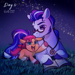 Size: 2048x2048 | Tagged: safe, artist:luanshanhun, imported from derpibooru, sunny starscout, earth pony, pony, argyle starshine, blank flank, book, coat markings, cute, duo, father and child, father and daughter, female, filly, filly sunny starscout, g5, glasses, high res, hoof heart, jewelry, male, night, open mouth, open smile, outdoors, pendant, raised hoof, sideburns, smiling, socks (coat markings), stallion, stars, sunnybetes, underhoof, weapons-grade cute, younger