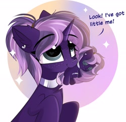 Size: 2048x1988 | Tagged: safe, artist:janelearts, imported from derpibooru, oc, oc only, oc:tenebris flux, pony, unicorn, dialogue, ear piercing, earring, female, horn, jewelry, looking up, mare, mouth hold, no source available, piercing, plushie, self plushidox, simple background, solo, unicorn oc, white background