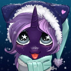 Size: 1748x1748 | Tagged: safe, artist:lailyren, imported from derpibooru, oc, oc only, oc:tenebris flux, pony, unicorn, :p, blushing, clothes, hat, horn, scarf, simple background, snow, snowfall, tongue out, unicorn oc, wingding eyes, winter hat