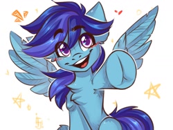 Size: 1600x1200 | Tagged: safe, artist:falafeljake, imported from derpibooru, oc, oc only, pony, blushing, chest fluff, commission, frog (hoof), hoofbutt, looking at you, open mouth, open smile, simple background, smiling, smiling at you, solo, stars, underhoof, white background