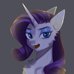 Size: 2048x2048 | Tagged: safe, artist:fixhiara1, imported from derpibooru, rarity, pony, unicorn, braces, bust, chest fluff, female, gray background, high res, looking at you, mare, open mouth, signature, simple background, solo