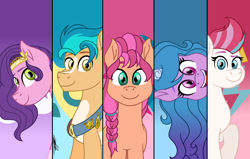 Size: 4150x2640 | Tagged: safe, artist:twinklesentrymlp0809, imported from derpibooru, hitch trailblazer, izzy moonbow, pipp petals, sunny starscout, zipp storm, earth pony, pegasus, pony, unicorn, cutie mark background, female, g5, male, mane five (g5), mare, stallion