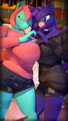 Size: 2160x3840 | Tagged: safe, artist:silkworm205, imported from derpibooru, part of a set, oc, oc only, oc:empathy, oc:ruby blossom, anthro, earth pony, unicorn, 3d, anthro oc, asymmetrical docking, belly, big belly, big breasts, birthday gift, breasts, breasts touching, chest fluff, clothes, colored eyebrows, denim, denim shorts, duo, duo female, earth pony oc, eyes closed, female, freckles, glasses, heart hands, horn, jumper, large butt, lesbian, looking at someone, matching outfits, oc x oc, reasonably sized breasts, romantic, shipping, shorts, source filmmaker, unicorn oc