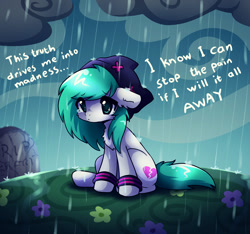 Size: 960x900 | Tagged: safe, artist:xxsilentprincessxx, imported from derpibooru, oc, oc only, earth pony, pony, earth pony oc, evanescence, female, gravestone, hat, rain, sad, solo, song reference, teary eyes