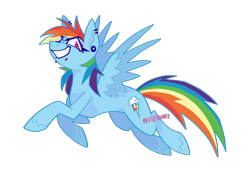 Size: 1924x1352 | Tagged: safe, artist:beetlebonez, imported from derpibooru, rainbow dash, pegasus, pony, blue coat, ear piercing, female, flying, lip piercing, looking at you, multicolored hair, piercing, pink eyes, rainbow hair, simple background, smiling, solo, transparent background