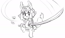 Size: 1529x887 | Tagged: safe, artist:bubbletea, imported from derpibooru, oc, oc only, oc:uki, pegasus, pony, armor, bipedal, black and white, female, grayscale, hoof hold, katana, mare, monochrome, samurai, simple background, solo, sword, weapon, white background