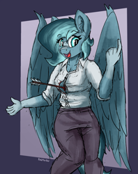 Size: 1611x2032 | Tagged: safe, artist:reddthebat, imported from derpibooru, oc, oc only, oc:alaska (reddthebat), anthro, ghost, pegasus, undead, arrow, blood, blouse, clothes, eyebrows, eyebrows visible through hair, female, injured, open mouth, open smile, smiling, solo, this is fine