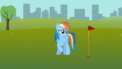 Size: 1280x721 | Tagged: safe, artist:agrol, imported from derpibooru, rainbow dash, everypony plays sports games, golf, golf ball, sports, tree