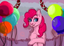 Size: 712x512 | Tagged: safe, artist:ske, imported from derpibooru, pinkie pie, earth pony, pony, balloon, chest fluff, looking at you, open mouth, open smile, smiling, solo