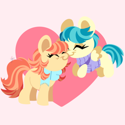 Size: 4100x4100 | Tagged: safe, artist:fizzlefer, imported from derpibooru, aunt holiday, auntie lofty, earth pony, pegasus, pony, duo, eyes closed, female, heart, heart background, lesbian, lofty day, mare, nuzzling, shipping, smiling