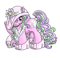 Size: 1000x970 | Tagged: safe, artist:noelle23, imported from derpibooru, oc, oc only, earth pony, pony, clothes, female, flower, g3, hat, jewelry, looking at you, necklace, oversized clothes, oversized hat, pearl necklace, raised hoof, ribbon, simple background, solo, tail, white background