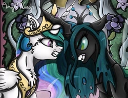 Size: 939x720 | Tagged: safe, artist:angelwingsmlpfim, imported from derpibooru, princess celestia, queen chrysalis, alicorn, changeling, changeling queen, pony, a canterlot wedding, angry, clash, crossed horns, duo, female, horn, horns are touching, mare, scene interpretation, scowl, serious, serious face, signature