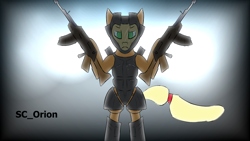 Size: 1280x720 | Tagged: safe, artist:sc_orion, imported from ponybooru, applejack, semi-anthro, armor, gun, hoof hold, simple background, weapon