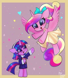 Size: 1316x1511 | Tagged: safe, artist:petaltwinkle, imported from derpibooru, princess cadance, twilight sparkle, alicorn, semi-anthro, unicorn, book, clothes, cute, cutedance, dress, duo, female, filly, filly twilight sparkle, floating heart, heart, heart eyes, looking at each other, looking at someone, signature, smiling, smiling at each other, spread wings, stars, teen princess cadance, twiabetes, unicorn twilight, wingding eyes, wings, younger