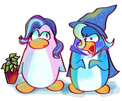 Size: 1277x1065 | Tagged: safe, artist:silv__silv, imported from derpibooru, phyllis, starlight glimmer, trixie, bird, penguin, club penguin, plant, simple background, species swap, white background