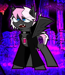 Size: 1226x1420 | Tagged: safe, artist:xxv4mp_g4z3rxx, imported from derpibooru, oc, oc:good vibes, bat pony, pony, bat ponified, bat pony oc, fangs, food, forest, glowstick, mango, night, nonbinary, open mouth, race swap, solo, tail, two toned mane, two toned tail