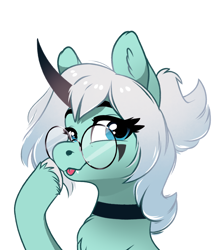 Size: 1650x1900 | Tagged: safe, artist:28gooddays, imported from derpibooru, oc, oc only, pony, unicorn, chest fluff, choker, glasses, simple background, solo, tongue out, white background