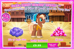Size: 1961x1297 | Tagged: safe, imported from derpibooru, sheriff tumbleweed, earth pony, pony, advertisement, clothes, costs real money, cowboy hat, english, gameloft, gem, hat, magic coins, male, mobile game, my little pony: magic princess, numbers, official, sale, solo, stallion, text, unshorn fetlocks, vest
