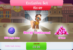 Size: 1268x858 | Tagged: safe, imported from derpibooru, sheriff tumbleweed, earth pony, pony, bundle, clothes, costs real money, cowboy hat, english, gameloft, gem, hat, magic coins, male, mobile game, my little pony: magic princess, numbers, official, sale, solo, stallion, text, unshorn fetlocks, vest