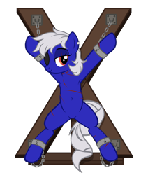 Size: 3970x4675 | Tagged: safe, artist:equestria secret guard, imported from derpibooru, oc, oc only, oc:miss yin, oc:银小姐, earth pony, pony, armpits, bdsm, bedroom eyes, belly button, bondage, bondage cross, bondage cuffs, bondage furniture, bondage gear, bound, chains, cuffs, earth pony oc, eye scar, eyepatch, facial scar, featureless crotch, female, happy, happy bondage, helpless, looking at you, lying down, mare, restrained, scar, sexy, show accurate, simple background, solo, spread eagle, spread legs, spreading, tied up, transparent background