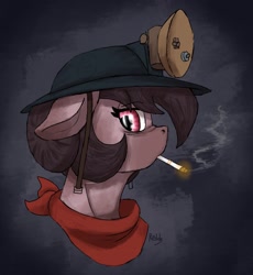 Size: 2464x2676 | Tagged: safe, artist:reddthebat, imported from derpibooru, oc, oc only, oc:number nine, earth pony, pony, bust, cigarette, female, floppy ears, headlamp, helmet, looking at you, mare, mining helmet, mouth hold, neckerchief, profile, smoking, solo, sternocleidomastoid