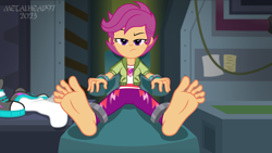 Size: 8000x4500 | Tagged: safe, alternate version, artist:metalhead97, imported from derpibooru, scootaloo, human, equestria girls, equestria girls series, alternate clothes, annoyed, barefoot, chair, clothes, converse, feet, female, fetish, foot fetish, foot focus, indoors, laboratory, looking at you, older, older scootaloo, reclining, scootaloo is not amused, shoes, short hair, sitting, teeth, unamused