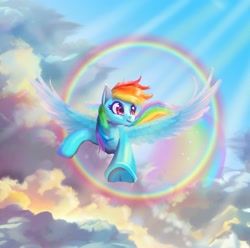 Size: 2400x2381 | Tagged: safe, artist:allegrenix, imported from derpibooru, rainbow dash, pegasus, pony, cloud, crepuscular rays, female, flying, frog (hoof), high res, mare, open mouth, open smile, rainbow, sky, smiling, solo, sonic rainboom, spread wings, underhoof, wings