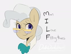 Size: 2046x1536 | Tagged: safe, artist:darkdoubloon, imported from derpibooru, mayor mare, earth pony, pony, female, glasses, looking at you, mare, milf, simple background, smiling, solo, taxes, white background