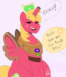 Size: 1650x1906 | Tagged: safe, artist:darkdoubloon, imported from derpibooru, big macintosh, alicorn, earth pony, alicorn costume, alicornified, costume, eeyup, eyebrows, eyebrows visible through hair, eyes closed, fake horn, fake wings, freckles, implied princess celestia, male, offscreen character, open mouth, princess big mac, race swap, simple background, smiling, solo, speech bubble, stallion, white background