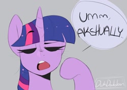 Size: 2048x1457 | Tagged: safe, artist:darkdoubloon, imported from derpibooru, twilight sparkle, alicorn, actually, eyebrows, eyebrows visible through hair, eyes closed, female, mare, open mouth, reaction image, simple background, speech bubble, twilight sparkle (alicorn)