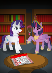 Size: 2100x2970 | Tagged: safe, artist:terminalhash, imported from derpibooru, rarity, twilight sparkle, alicorn, pony, unicorn, fanfic:the enchanted library, big crown thingy, book, bookshelf, calendar, commission, crown, duo, duo female, element of magic, eyebrows, female, folded wings, glowing, glowing horn, high res, hoof shoes, horn, jewelry, looking at each other, looking at someone, magic, magic aura, mare, necklace, peytral, regalia, shadow, smiling, smiling at each other, table, telekinesis, twilight sparkle (alicorn), vector, wings