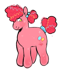 Size: 547x615 | Tagged: safe, artist:peachybats, imported from derpibooru, pinkie pie, earth pony, pony, blush sticker, blushing, female, g5, g5 concept leaks, mare, pinkie pie (g5 concept leak), redesign, short tail, simple background, smiling, solo, sparkles, tail, tail wrap, white background