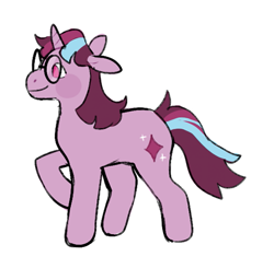 Size: 645x633 | Tagged: safe, artist:peachybats, imported from derpibooru, twilight sparkle, pony, unicorn, blush sticker, blushing, female, g5, g5 concept leaks, glasses, horn, mare, raised hoof, redesign, simple background, smiling, solo, tail, twilight sparkle (g5 concept leak), unicorn twilight, white background