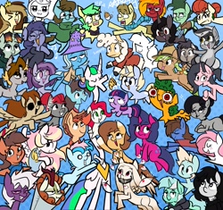 Size: 2048x1922 | Tagged: safe, artist:another_pony, imported from derpibooru, autumn blaze, lyra heartstrings, princess celestia, trixie, twilight sparkle, oc, oc only, oc:bandy cyoot, oc:bizarre song, oc:kayle rustone, oc:mimic, oc:modpone, oc:moonatik, oc:nootaz, oc:prince whateverer, oc:sugar morning, dragon, earth pony, hybrid, kirin, pegasus, pony, raccoon, raccoon pony, unicorn, clothes, female, group, hoodie, male, mare, stallion