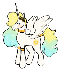 Size: 1280x1420 | Tagged: safe, artist:peachybats, imported from derpibooru, princess celestia, alicorn, pony, blush sticker, blushing, female, horn, laurel wreath, mare, redesign, simple background, solo, spread wings, tail, tail band, white background, wings