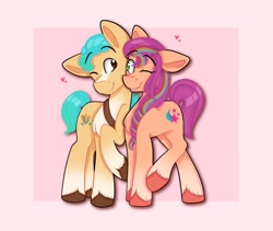 Size: 996x841 | Tagged: safe, artist:sweetnothing, imported from derpibooru, hitch trailblazer, sunny starscout, earth pony, pony, duo, duo male and female, female, g5, male, mane stripe sunny, mare, multicolored hair, rainbow hair, shipping, simple background, snuggling, stallion, straight, sunnyhitch