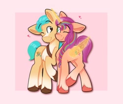 Size: 996x841 | Tagged: safe, artist:sweetnothing, imported from derpibooru, hitch trailblazer, sunny starscout, alicorn, earth pony, pony, alicornified, female, g5, male, mane stripe sunny, mare, one eye closed, race swap, shipping, simple background, snuggling, stallion, straight, sunnyhitch