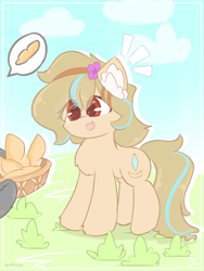 Size: 1000x1333 | Tagged: safe, artist:grithcourage, imported from derpibooru, oc, oc:grith courage, earth pony, adorable face, baguette, bread, colored, cute, ear fluff, excited, female, flat colors, food