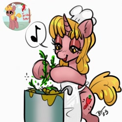 Size: 2700x2700 | Tagged: safe, artist:nootaz, artist:opalacorn, imported from derpibooru, oc, oc only, oc:twisted pepper, pony, unicorn, apron, bipedal, chef's hat, clothes, cooking pot, female, hat, lidded eyes, mare, simple background, solo, white background