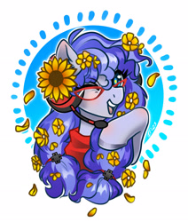 Size: 2523x2978 | Tagged: safe, artist:opalacorn, imported from derpibooru, oc, oc:cinnabyte, earth pony, pony, bust, commission, female, flower, flower in hair, glasses, headset, looking at you, mare, one eye closed, open mouth, open smile, simple background, smiling, smiling at you, solo, sunflower, white background, wink, winking at you