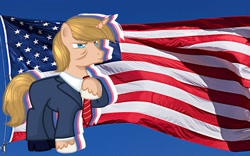 Size: 1734x1083 | Tagged: safe, anonymous artist, imported from derpibooru, pony, unicorn, american flag, blue background, clothes, donald trump, horn, male, necktie, op is a duck, op is trying to start shit, politics, ponified, shoes, simple background, solo, stallion, suit, united states, unshorn fetlocks